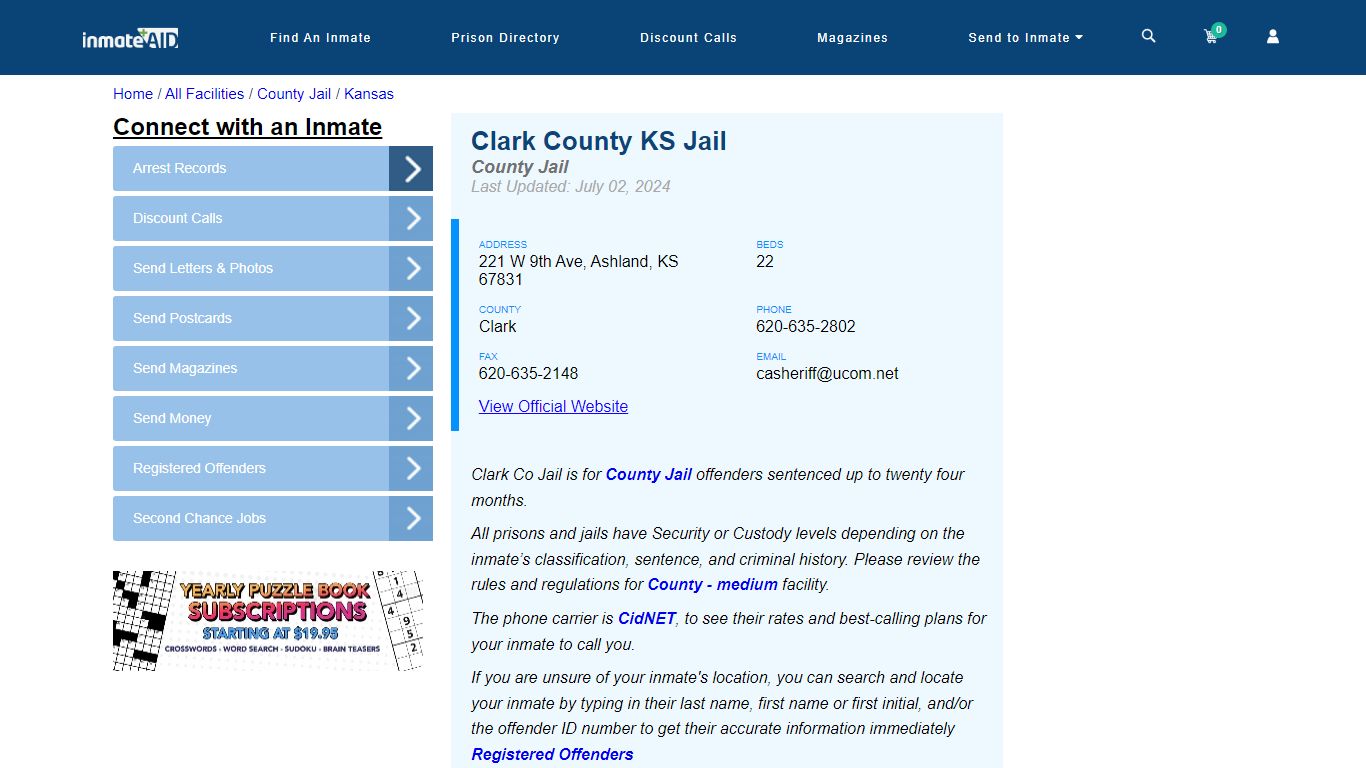 Clark County KS Jail - Inmate Locator - Ashland, KS